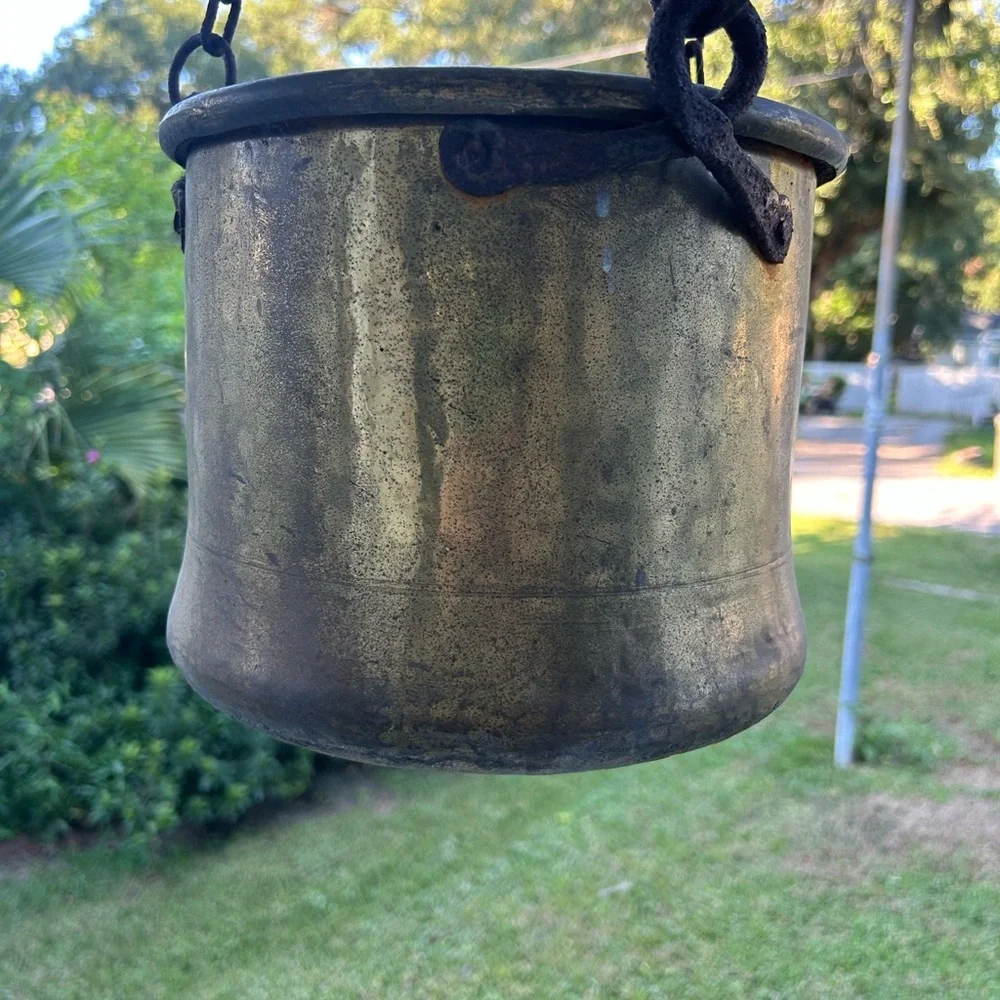 Antique Brass 11” Jam Cauldron Pot Kettle Planter Farmhouse Cast Iron Handle